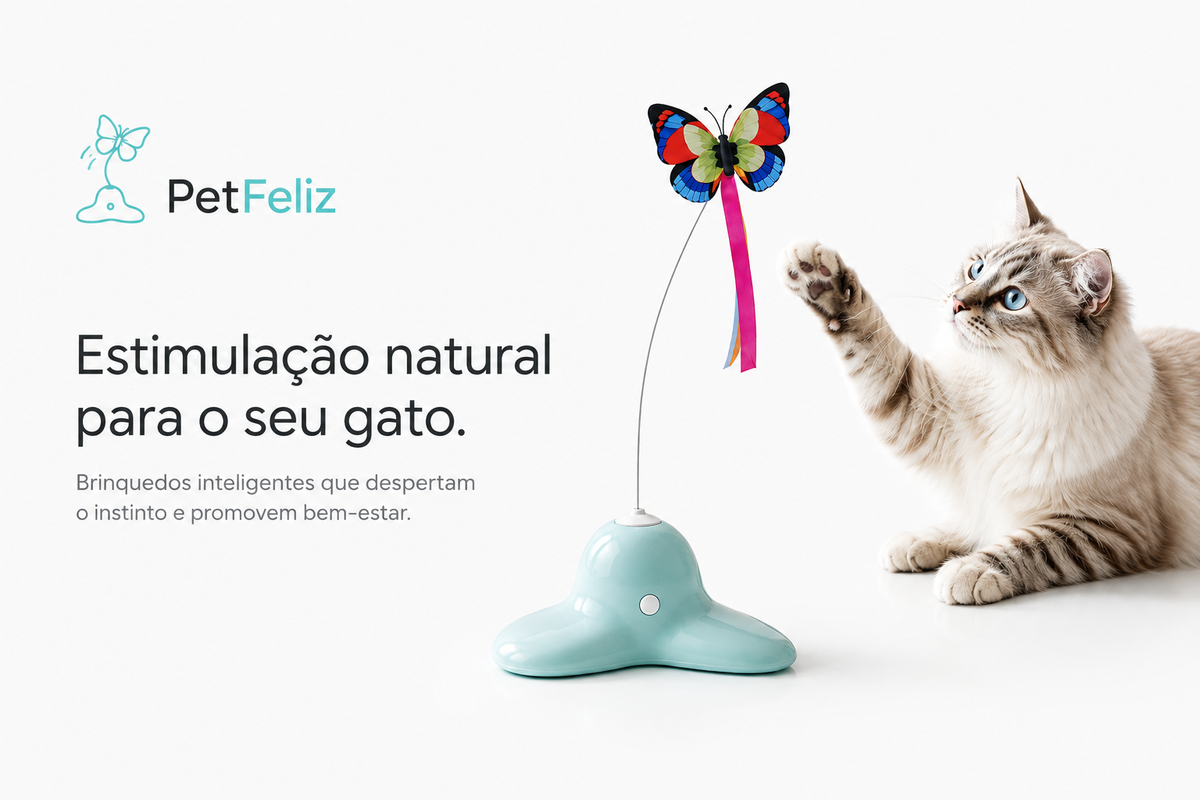 Gato a brincar com o PetFeliz, brinquedo elétrico borboleta