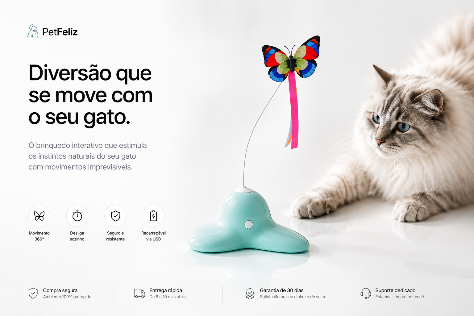 PetFeliz - gato a brincar com o brinquedo borboleta